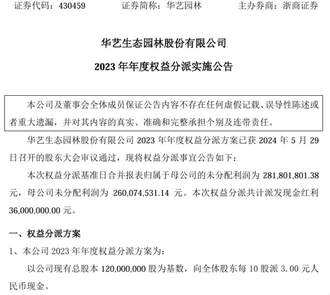 华艺园林2023年度权益分派每10股派现3元共计派发现金红利3600万(图1)