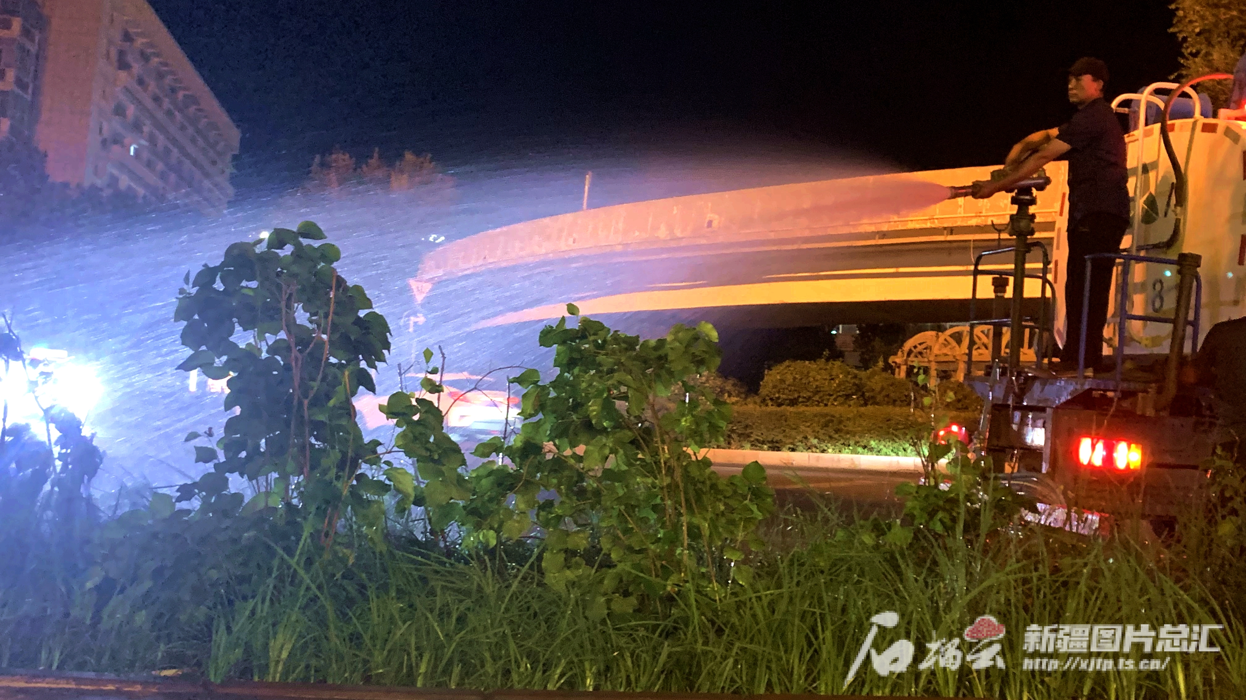 乌鲁木齐园林部门夜间给街头花草灌木“补水续命”(图1)