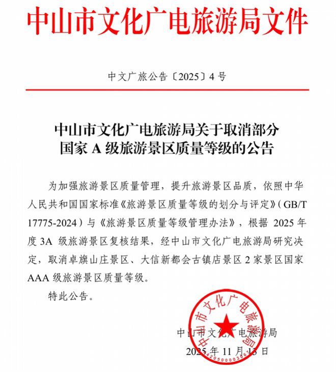 Kaiyun体育网站：中山两家3A级景区被取消(图1)